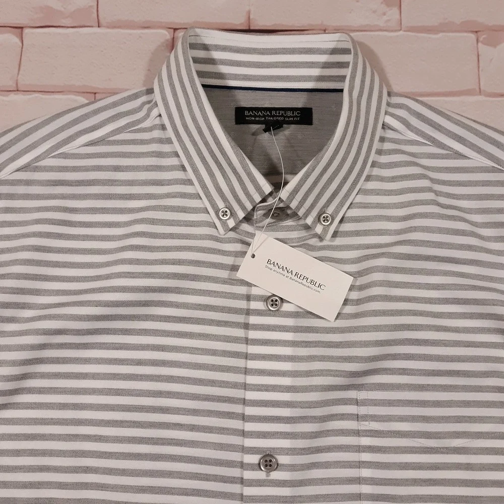 Banana Republic Non-Iron Shirt Mens Size Large Tall Slim‎ Fit Gray Striped NEW